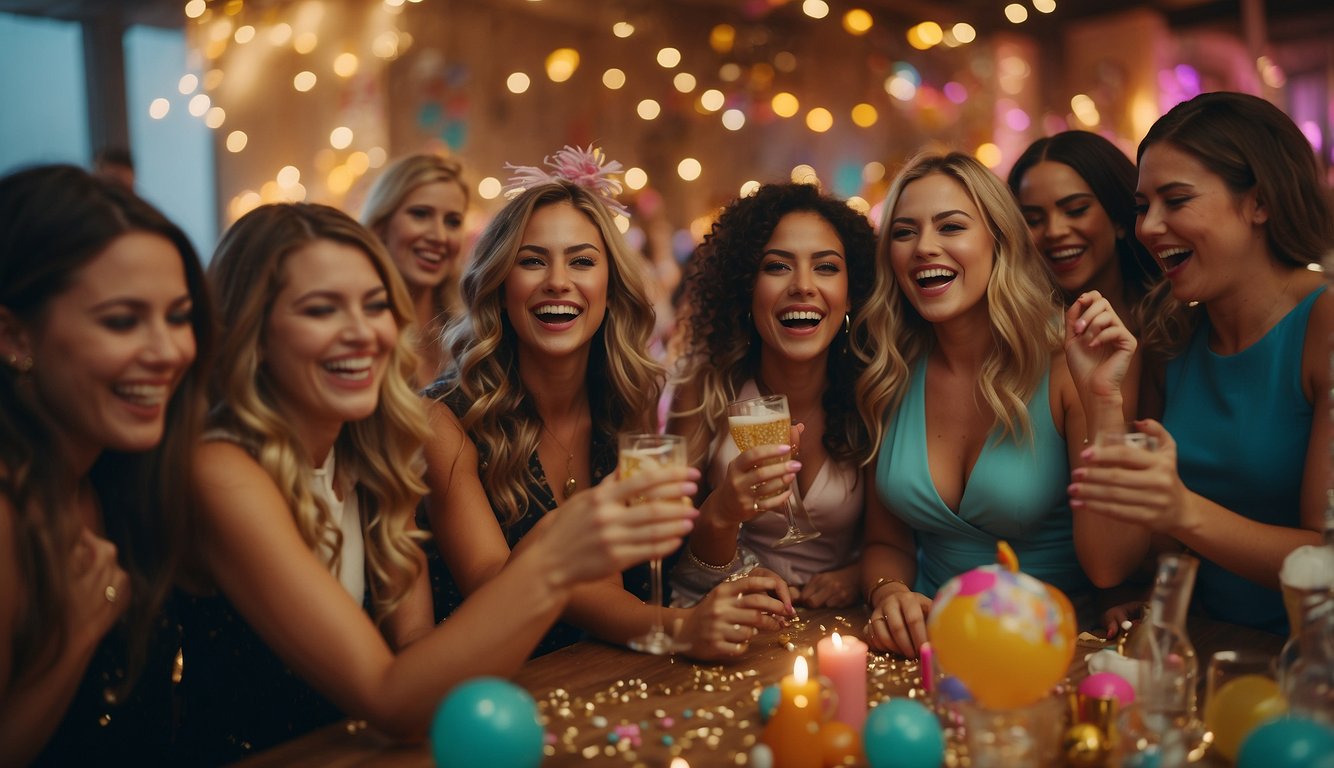 A group of women laughing and sharing memories while playing a bachelorette party game, surrounded by colorful decorations and keepsakes_Bachelorette Party Game Questions