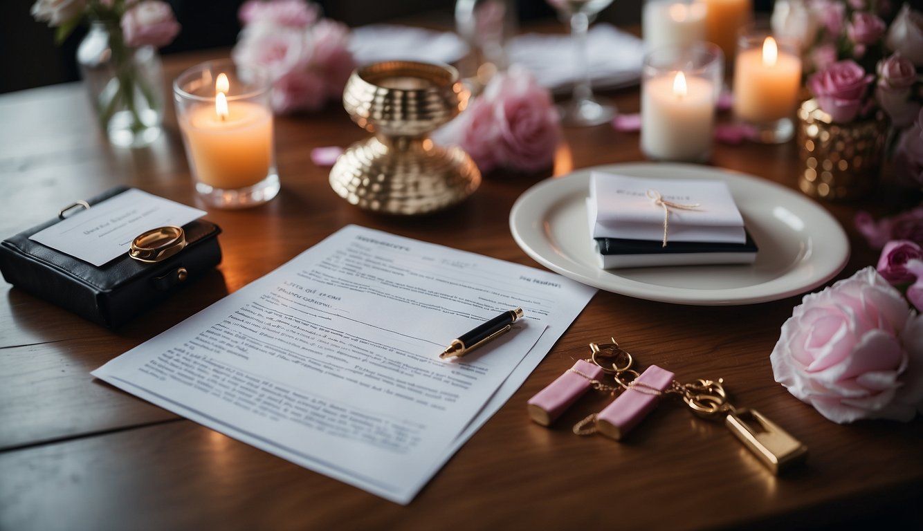 Materials gathered on a table, including paper, pens, and a list of bachelorette party game questions. Venue being set up with decorations and seating_Bachelorette Party Game Questions