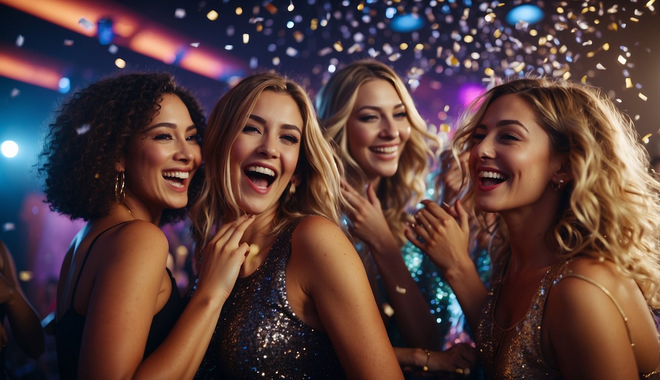 A group of women dancing and laughing in a lively, neon-lit nightclub, surrounded by colorful cocktails and confetti_Wild Bachelorette Party Ideas
