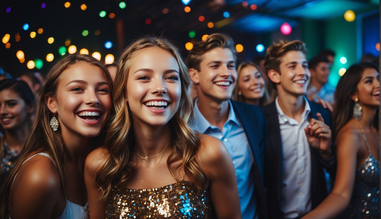 Teenagers dancing, laughing, and taking photos at post-prom party with colorful decorations and disco lights_When is Prom