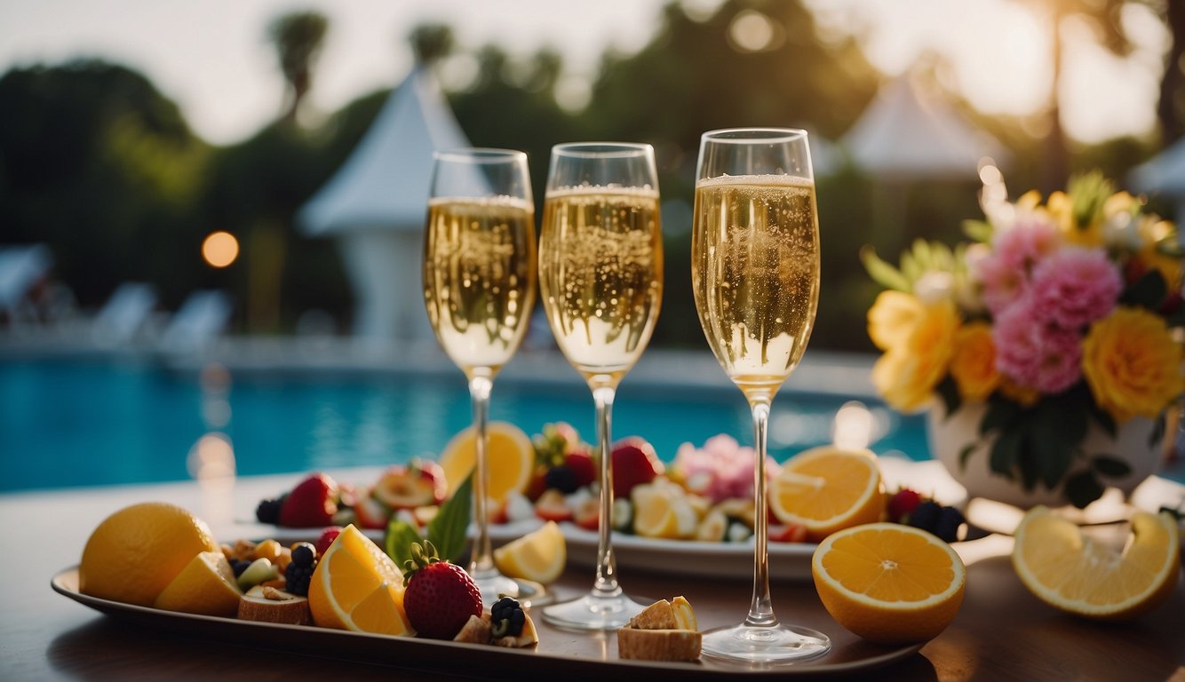 A lavish poolside party with champagne, exotic cocktails, and extravagant decorations, surrounded by a lively atmosphere and vibrant music