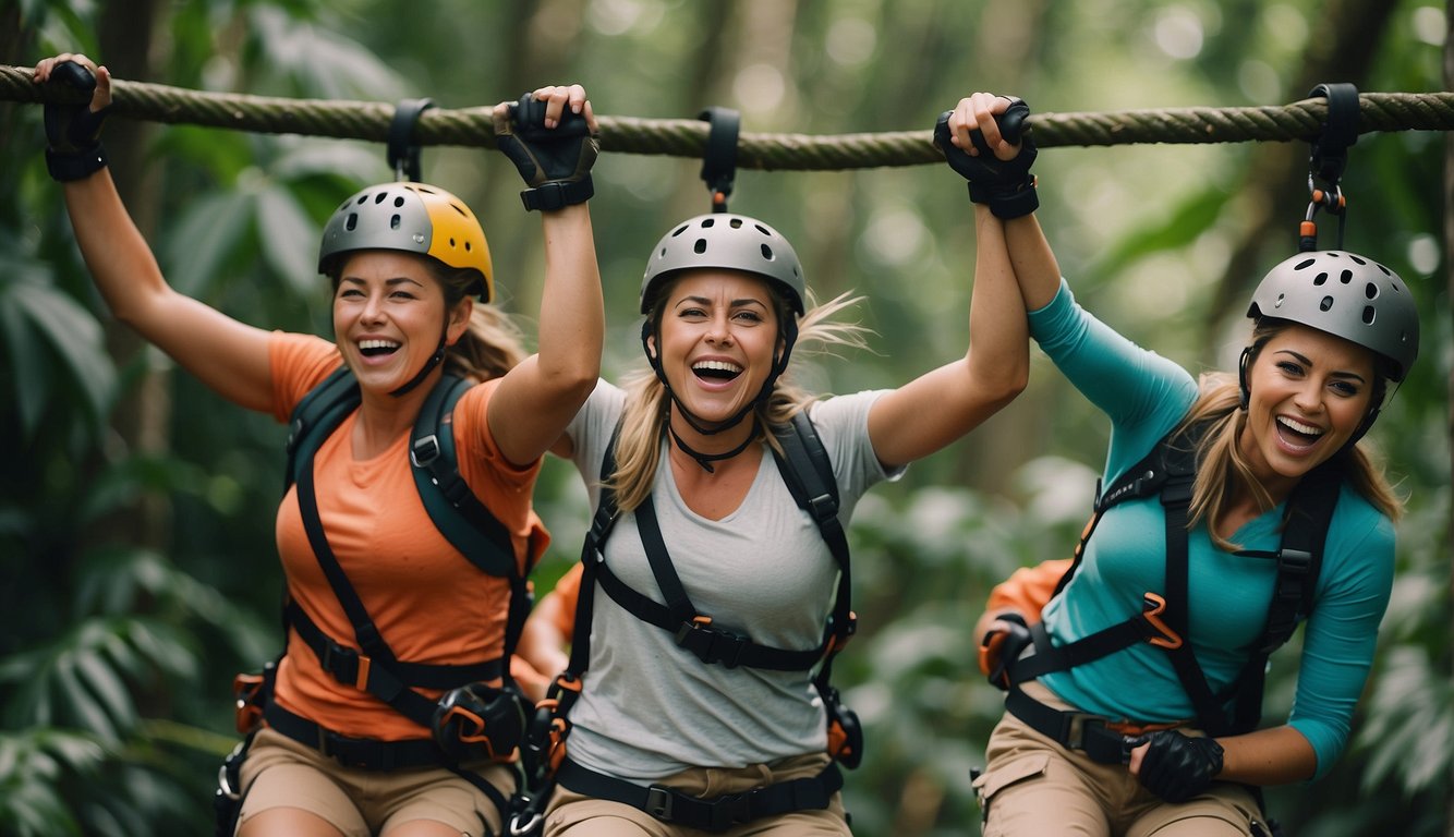 A group of women zip lining through a lush jungle, laughing and cheering as they soar through the treetops_Wild Bachelorette Party Ideas