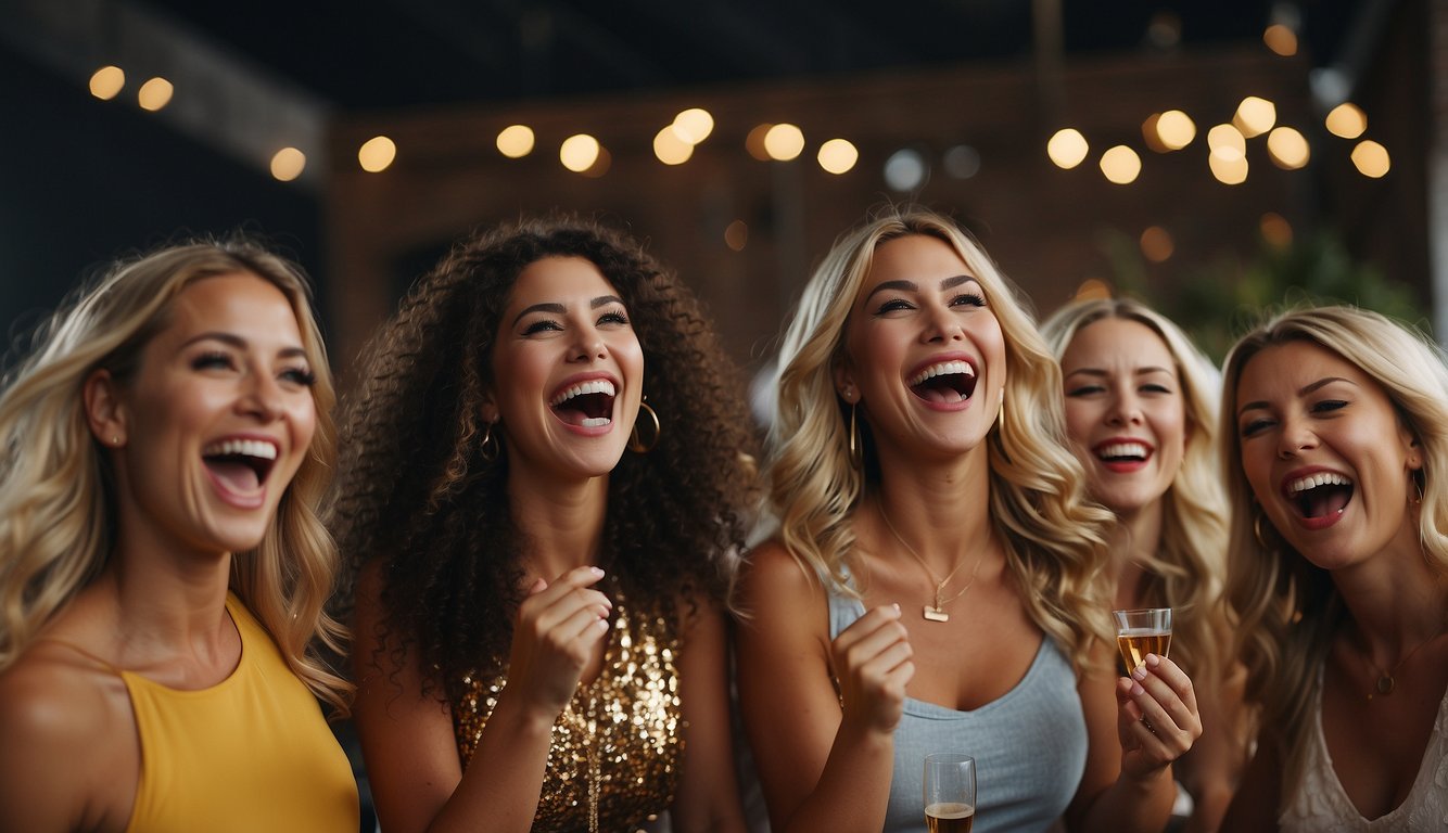 A group of women participate in a zany competition, laughing and cheering as they engage in wild bachelorette party activities_Wild Bachelorette Party Ideas