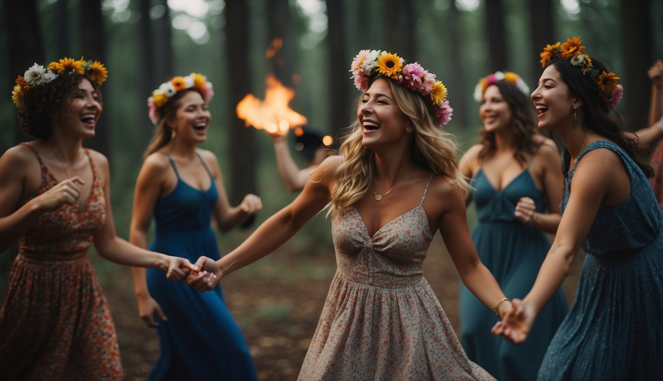 A group of women dancing around a bonfire in the woods, wearing flower crowns and colorful bohemian dresses. Laughter and music fill the air as they celebrate under the stars_Wild Bachelorette Party Ideas