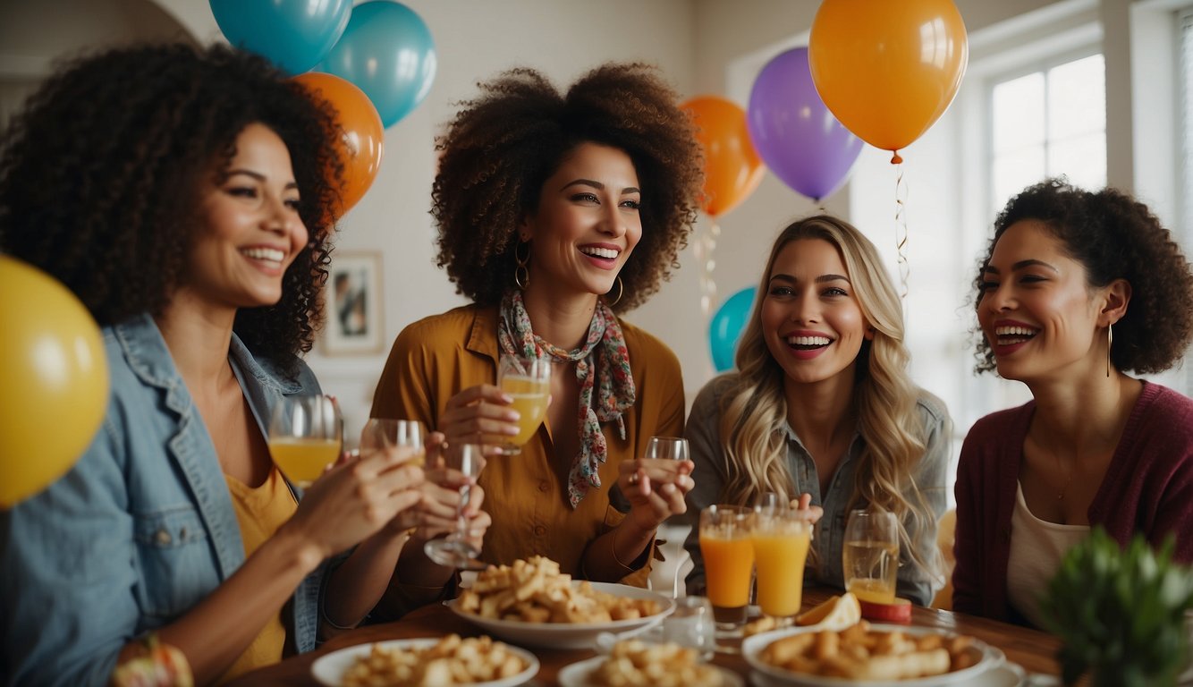 A group of women gather in a cozy living room, adorned with colorful decorations and balloons. Laughter fills the air as they play games and enjoy homemade cocktails and snacks_Cheap Bachelorette Party Ideas 