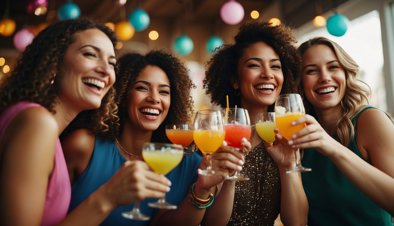 A group of women laughing and playing outdoor games, surrounded by colorful decorations and picnic blankets_Cheap Bachelorette Party Ideas 