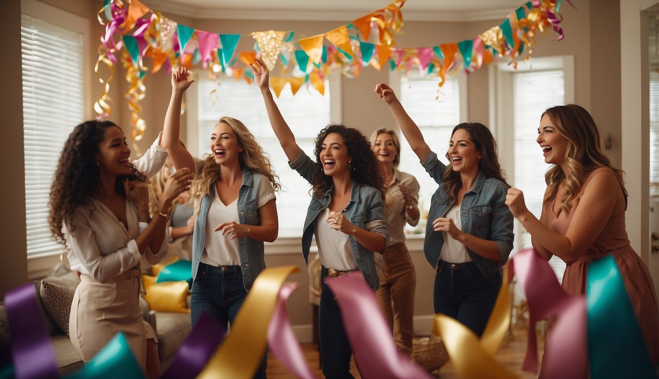 A group of friends gathered around a table, laughing and sharing ideas. Decorations and party favors are scattered around the room_Cheap Bachelorette Party Ideas 