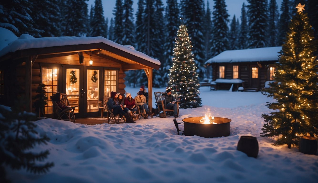 Snow-covered cabin with twinkling lights, cozy fire pit, hot cocoa bar, and group of friends enjoying outdoor games and festive decorations_Winter Bachelorette Party Ideas