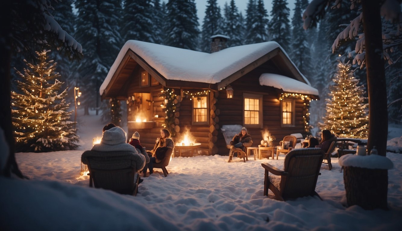 A cozy cabin with a roaring fireplace, surrounded by snow-covered trees and twinkling fairy lights. A group of friends enjoys hot chocolate and laughter_Winter Bachelorette Party Ideas
