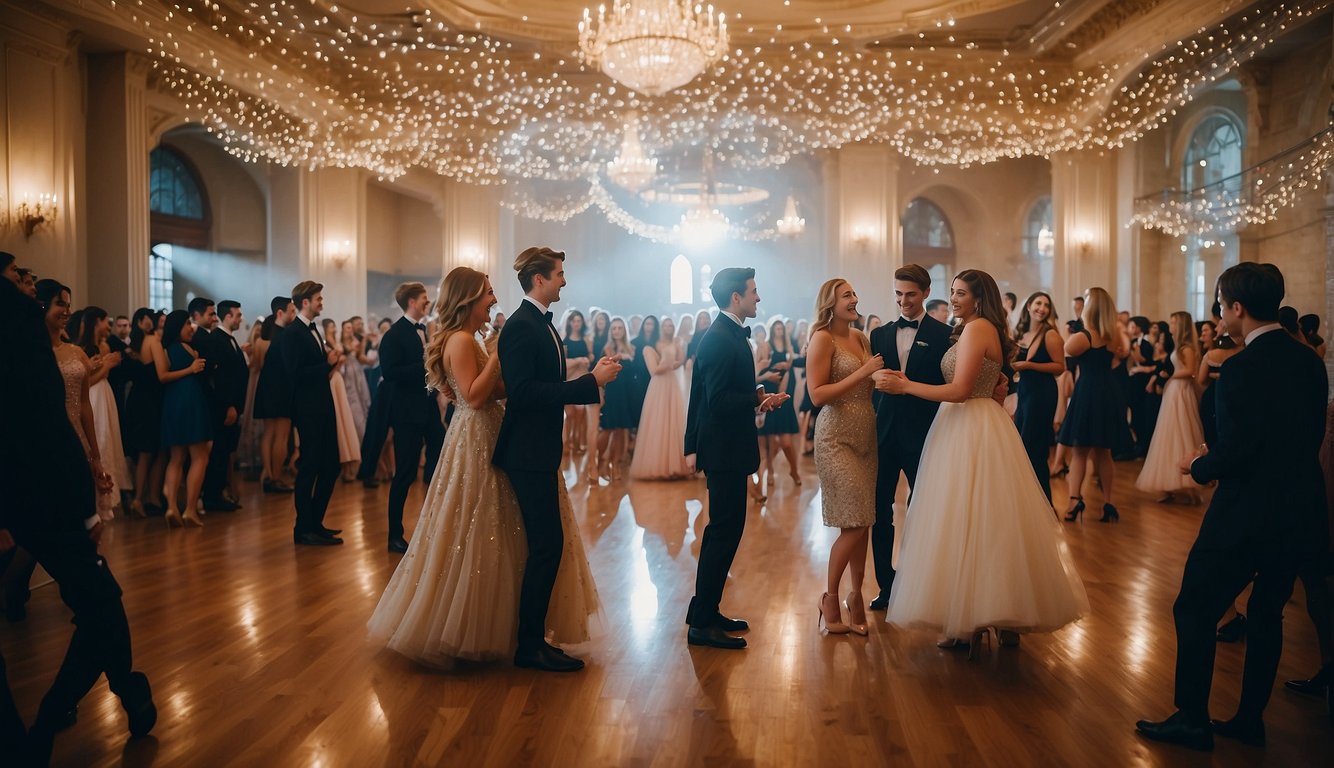 A grand ballroom adorned with twinkling lights and elegant decorations, filled with excited high school students in formal attire, dancing and laughing as they celebrate the history and significance of prom night_When is Prom