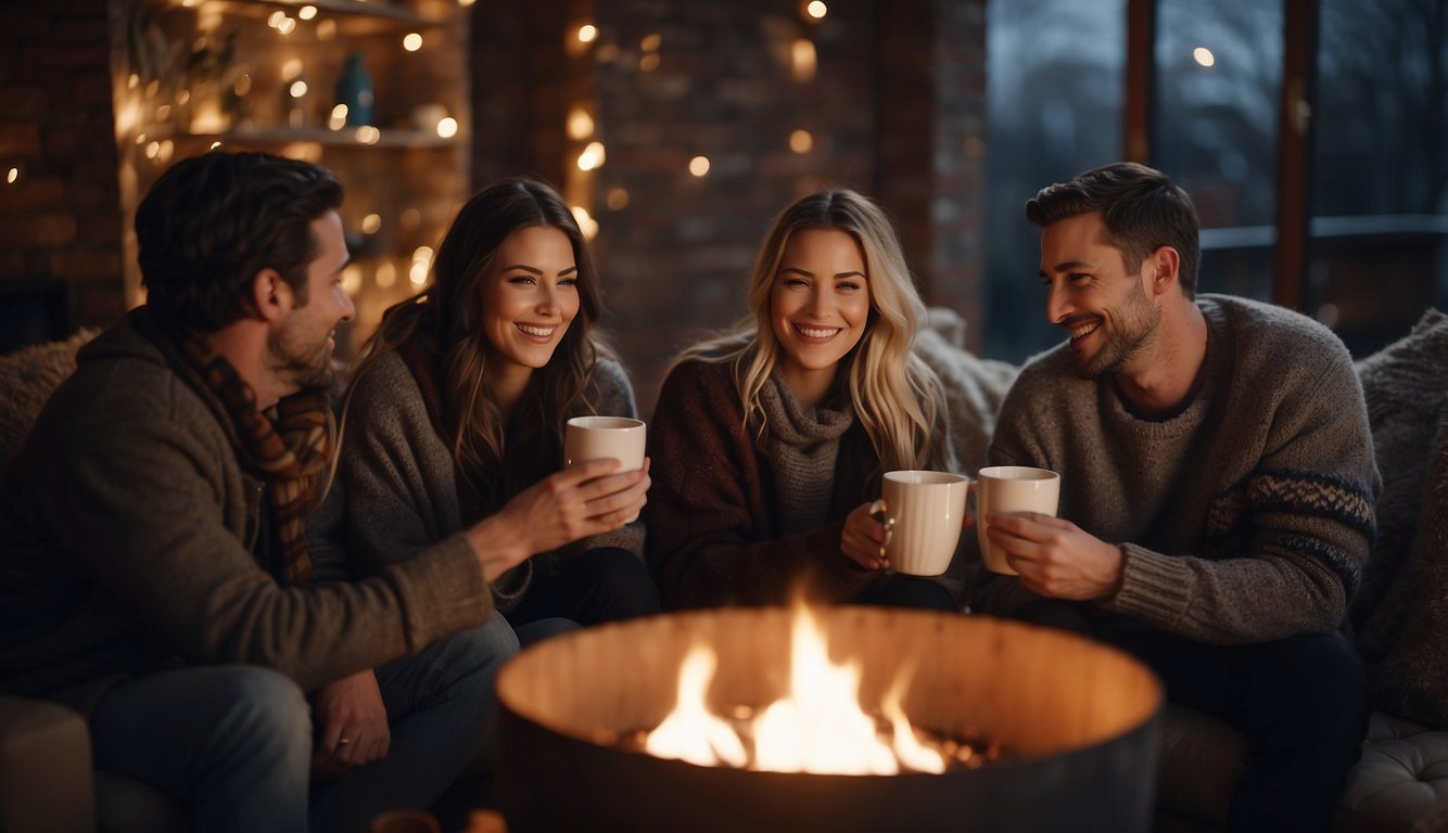 A group of friends sit around a fireplace, sipping on hot drinks and laughing. Twinkling lights and cozy blankets add to the warm and intimate atmosphere_Winter Bachelorette Party Ideas