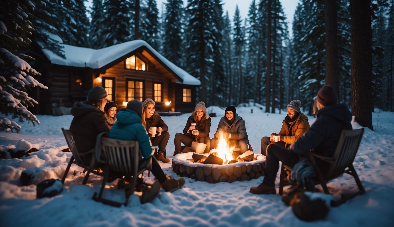 A cozy cabin nestled in a snowy forest, with a group of friends gathered around a crackling fire, sipping hot cocoa and laughing_Winter Bachelorette Party Ideas