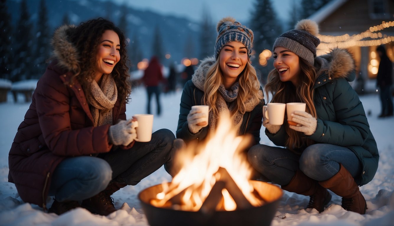 A group of women laughing and dancing around a cozy bonfire in the snow, with colorful string lights and a hot chocolate bar nearby_Winter Bachelorette Party Ideas