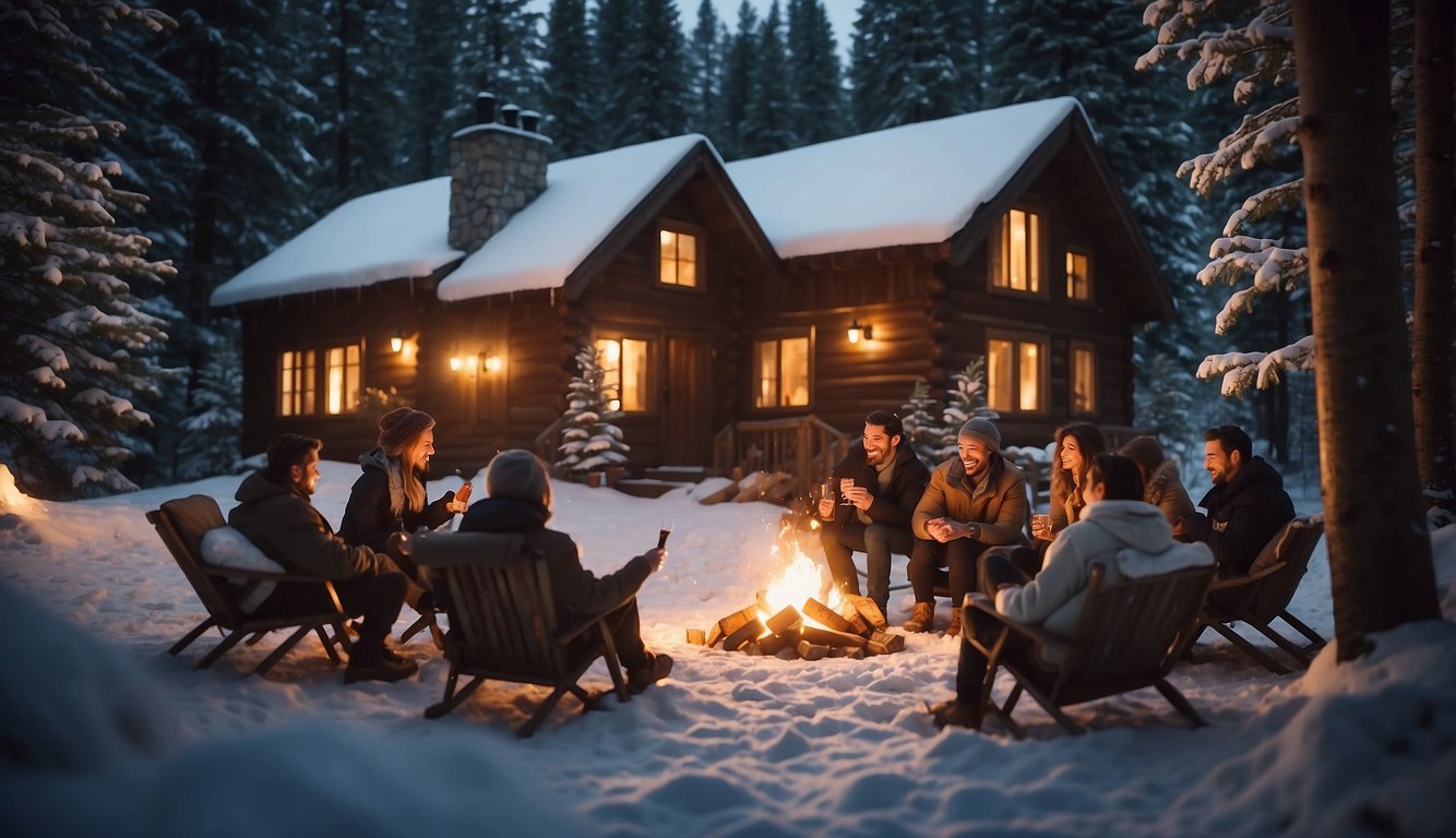 A cozy cabin adorned with twinkling lights, surrounded by snowy woods. A group of friends toast with champagne and hot cocoa around a crackling fire_Winter Bachelorette Party Ideas