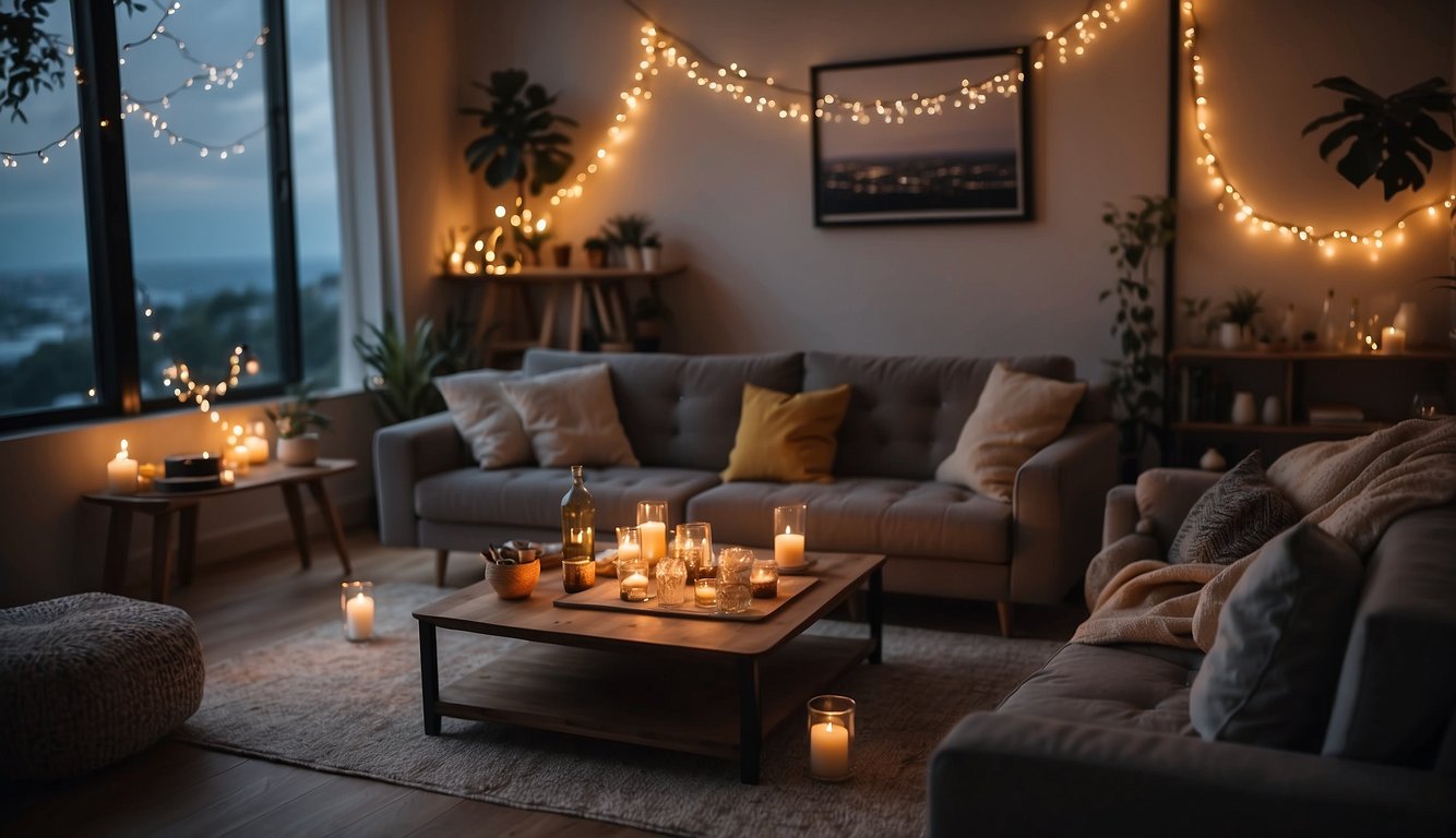 A cozy living room with fairy lights, snacks, and drinks. A table set with games and activities. Laughter and chatter fill the air_Chill Bachelorette Party Ideas
