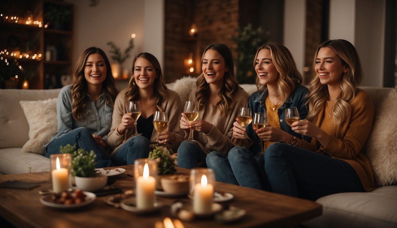 A cozy living room with soft lighting, scattered pillows, and a table set with wine glasses and photo albums. A group of women laughing and reminiscing, surrounded by sentimental decorations_Chill Bachelorette Party Ideas