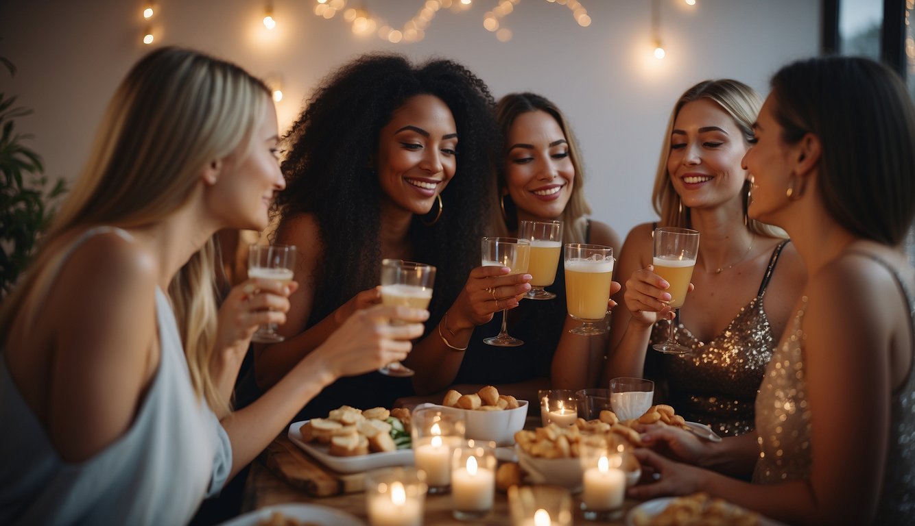 A group of women enjoy a relaxed bachelorette party with cozy decor, soft lighting, and a variety of snacks and drinks_Chill Bachelorette Party Ideas