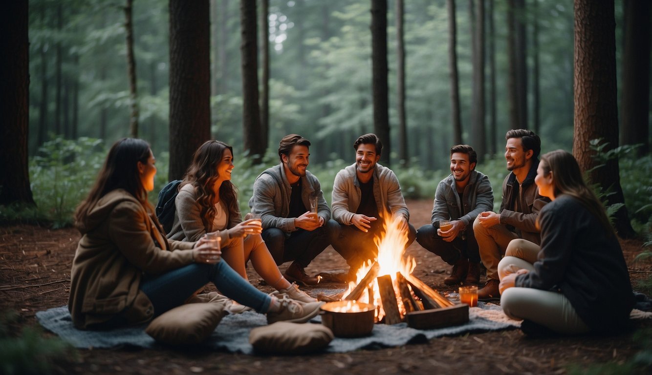 A group of friends gather around a campfire in a secluded forest clearing, surrounded by tall trees and the sounds of nature. A table is set with cozy blankets, snacks, and drinks for a relaxed and intimate bachelorette party_Chill Bachelorette Party Ideas