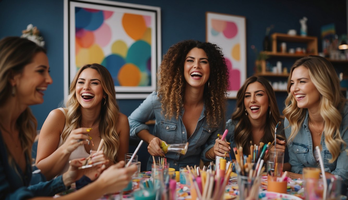 A group of women laughing and painting together at a bachelorette party. The room is filled with colorful art supplies and a relaxed, fun atmosphere_Chill Bachelorette Party Ideas