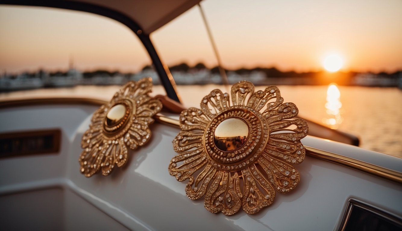 The sun sets over a sleek boat adorned with elegant decorations for a bachelorette party. The evening sky is painted with warm hues, creating a serene and sophisticated atmosphere_Bachelorette Party on a Boat Ideas