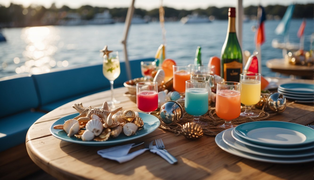 A colorful nautical-themed party on a boat, with anchors, ropes, and lifebuoys decorating the deck. Tables adorned with seashells and starfish, while guests enjoy drinks and music against a backdrop of sparkling water_Bachelorette Party on a Boat Ideas