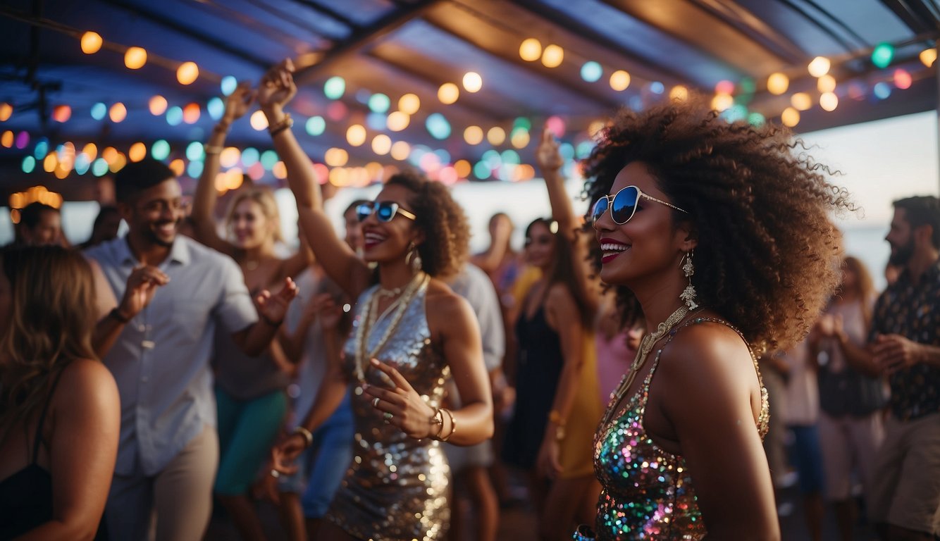 A lively dance party on a boat with colorful decorations, disco lights, and a DJ playing music as guests dance and celebrate_Bachelorette Party on a Boat Ideas