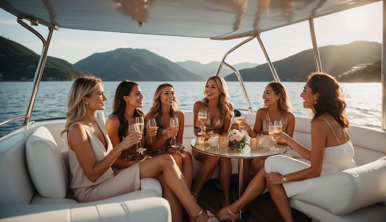 A group of women enjoy a luxurious bachelorette party on a boat, with elegant lounge furniture, champagne, and stunning views of the water_Bachelorette Party on a Boat Ideas