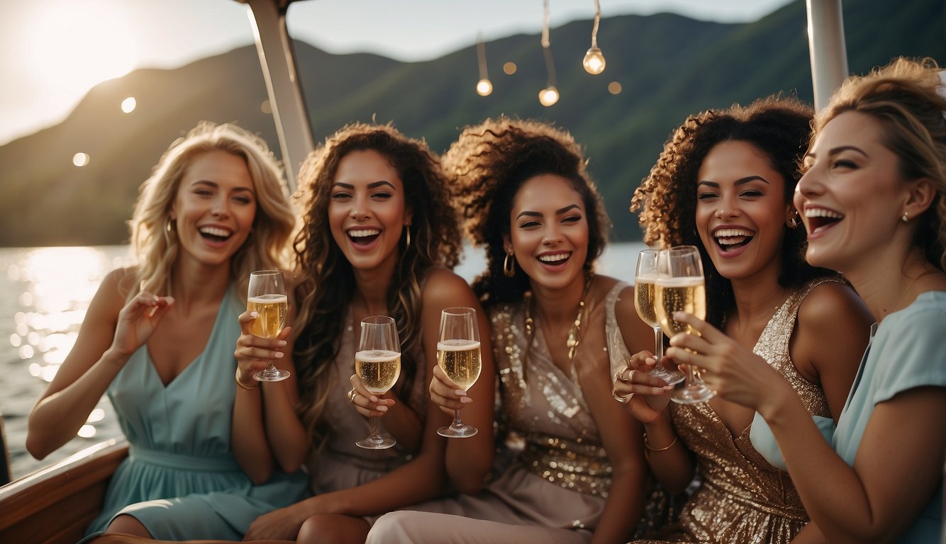 A group of women celebrating on a boat with champagne, music, and decorations. Laughter and excitement fill the air as they enjoy the scenic views_Bachelorette Party on a Boat Ideas