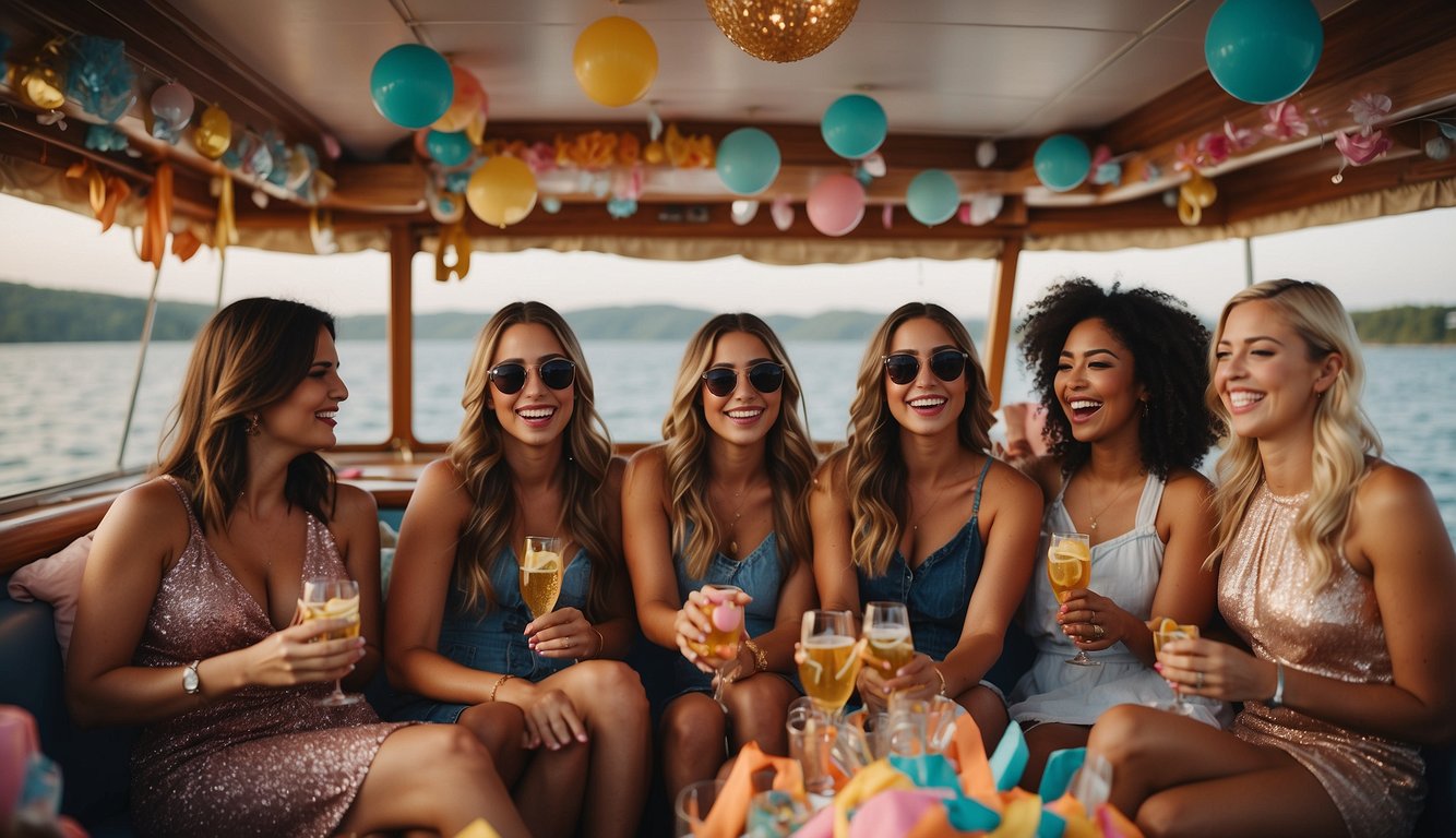 A group of women enjoying a bachelorette party on a boat, surrounded by colorful crafts and decorations, with laughter and creativity in the air_Bachelorette Party on a Boat Ideas