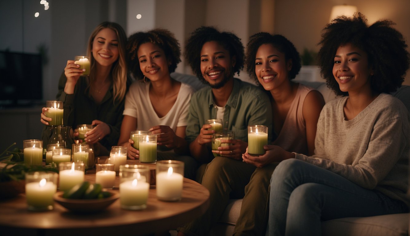 A group of friends gather in a cozy living room, surrounded by candles and soft music. They are enjoying homemade face masks, soaking their feet in DIY foot soaks, and sipping on refreshing cucumber water_Inexpensive Bachelorette Party Ideas