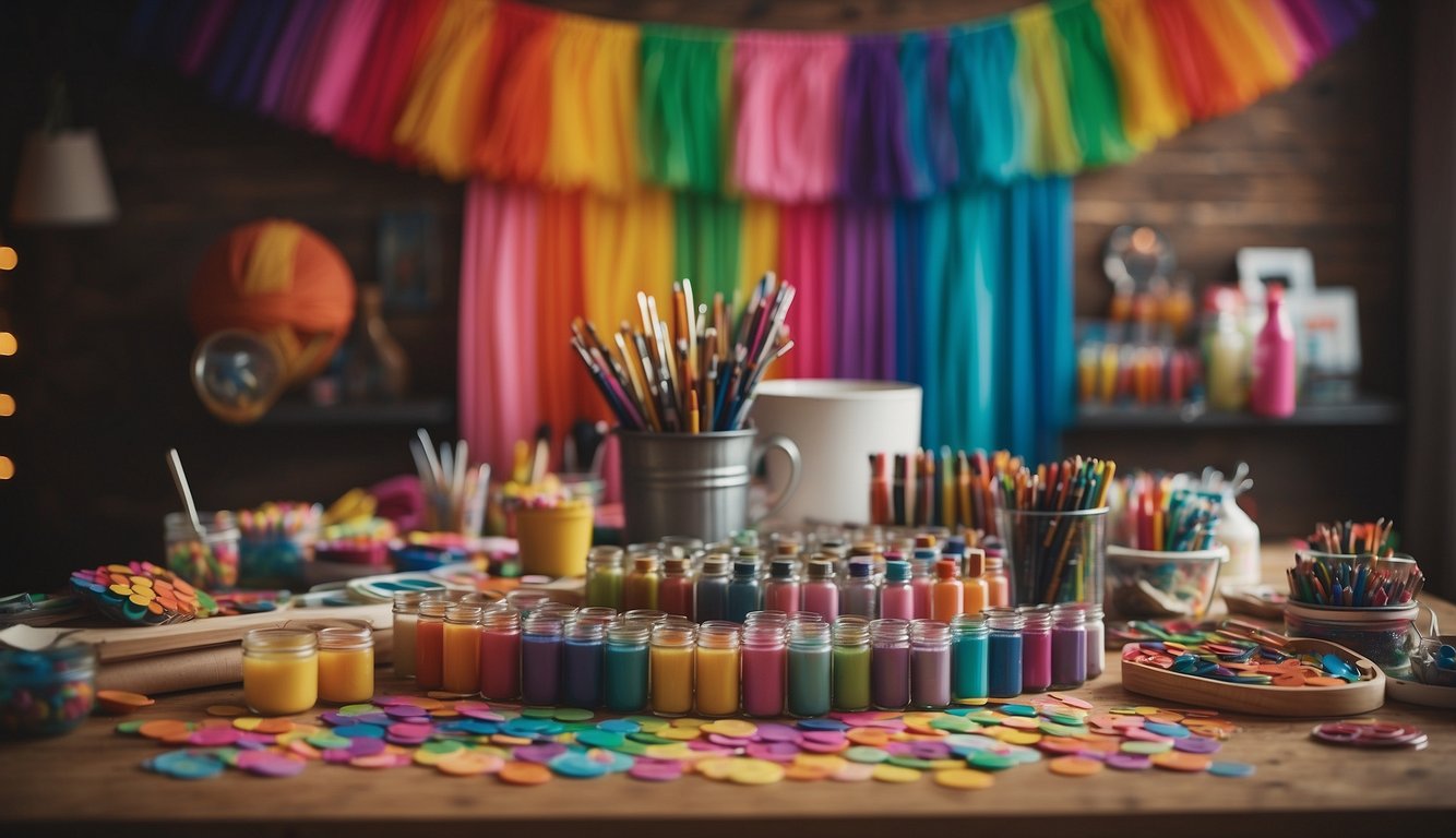 A table filled with colorful art supplies, surrounded by friends laughing and creating. A banner reading "Arts, Crafts, and Creativity Bachelorette Party" hangs in the background_Inexpensive Bachelorette Party Ideas