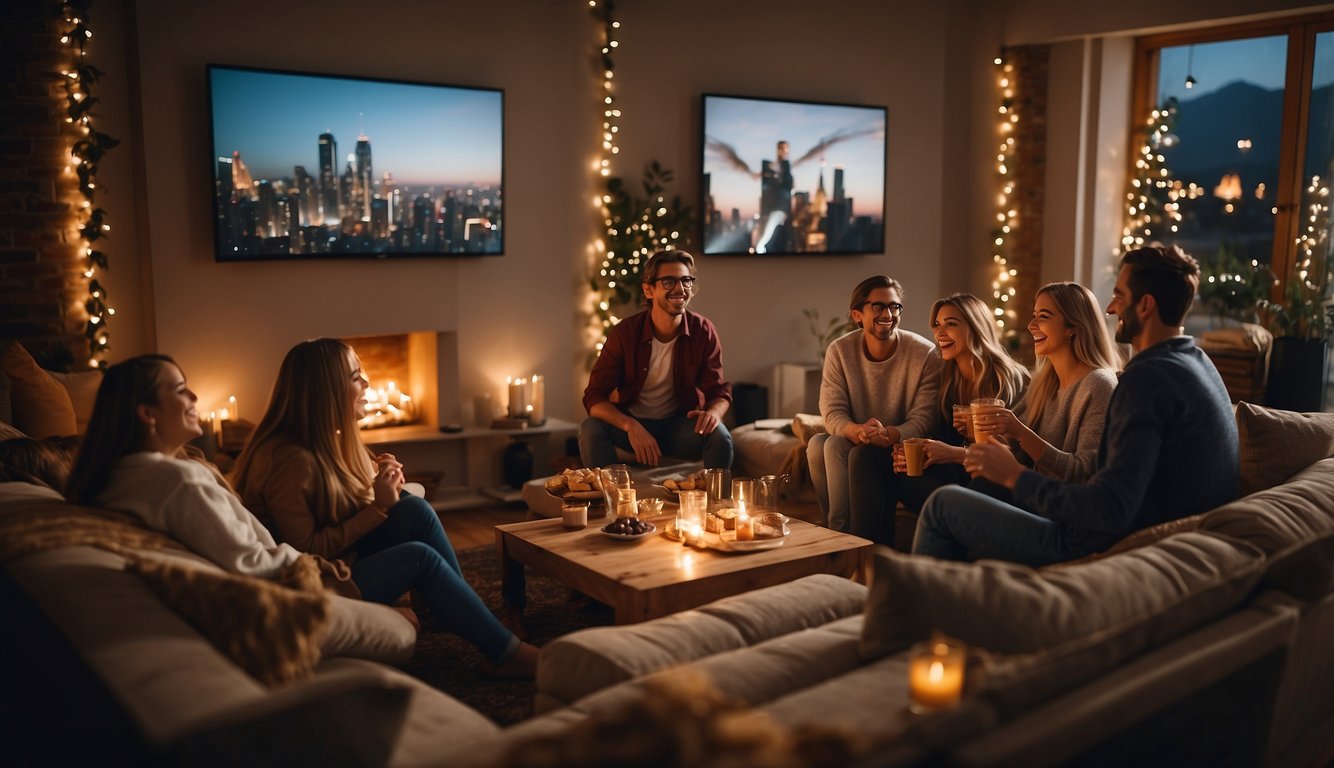 A cozy living room with fairy lights, snacks, and a movie playing on a big screen. A group of friends laughing and enjoying each other's company_Inexpensive Bachelorette Party Ideas