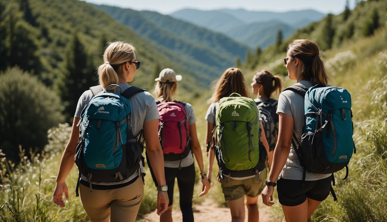A group of women enjoying a scenic hike, with backpacks and hiking gear, surrounded by lush greenery and a clear blue sky_Inexpensive Bachelorette Party Ideas