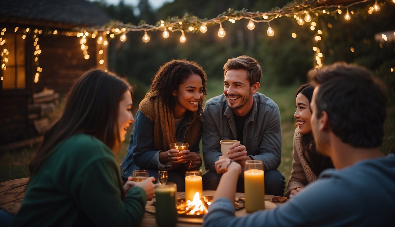 A group of friends gather around a cozy bonfire, sharing stories and laughter. They are surrounded by twinkling string lights and colorful decorations, creating a warm and intimate atmosphere_Inexpensive Bachelorette Party Ideas