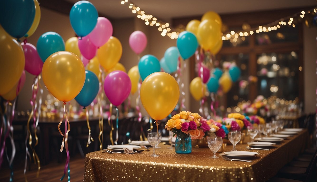 Colorful decorations, balloons, and streamers fill the room. A table is adorned with glittering confetti and a vibrant banner reads "Bachelorette Party." Laughter and music fill the air as friends gather for the celebration_ Fun Bachelorette Party Themes