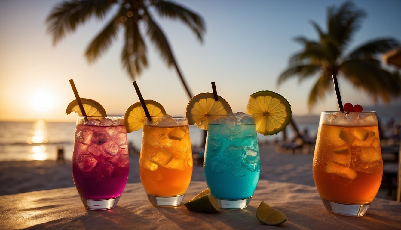 Colorful cocktails, palm trees, and beach chairs set against a vibrant sunset. A group of friends laughing and dancing in the background_ Fun Bachelorette Party Themes