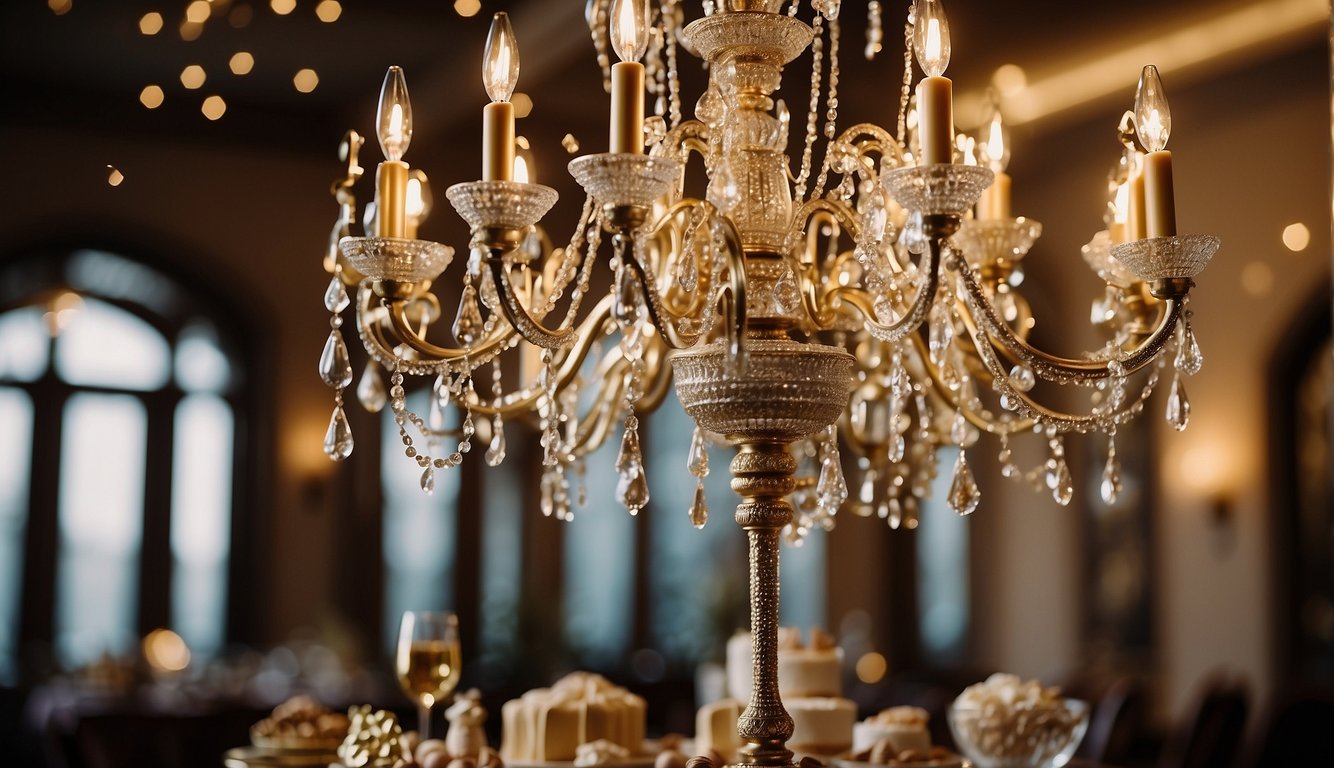 A sparkling chandelier hangs over a table adorned with glittering champagne flutes and a tower of decadent desserts. Streamers and confetti add to the festive atmosphere_ Fun Bachelorette Party Themes