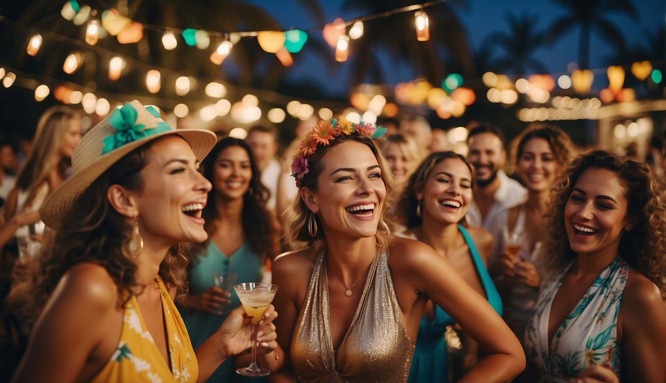 A group of women laughing and dancing at a tropical beach party with colorful decorations and cocktails_ Fun Bachelorette Party Themes