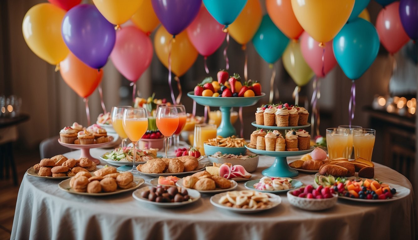A table filled with colorful dishes, cocktails, and desserts. Balloons and streamers decorate the room, creating a festive atmosphere for a foodie fiesta bachelorette party_ Fun Bachelorette Party Themes