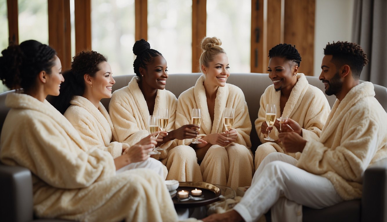 A group of friends lounging in plush robes, sipping champagne, getting facials, and enjoying a luxurious spa day for a bachelorette party theme_ Fun Bachelorette Party Themes