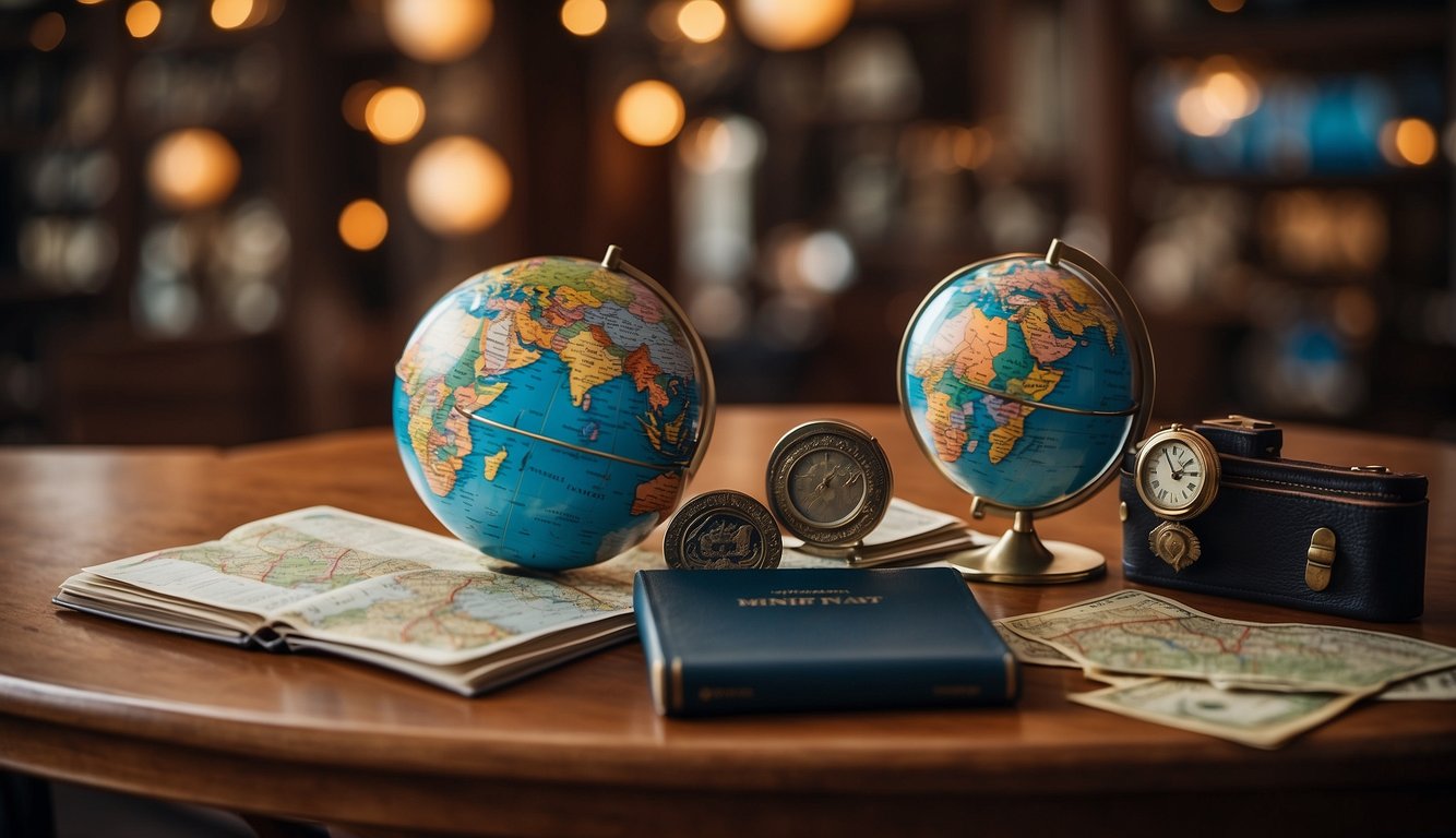 A globe surrounded by travel-themed decor and accessories, with a passport, boarding passes, and a map spread out on a table_Unique Bachelorette Party Themes