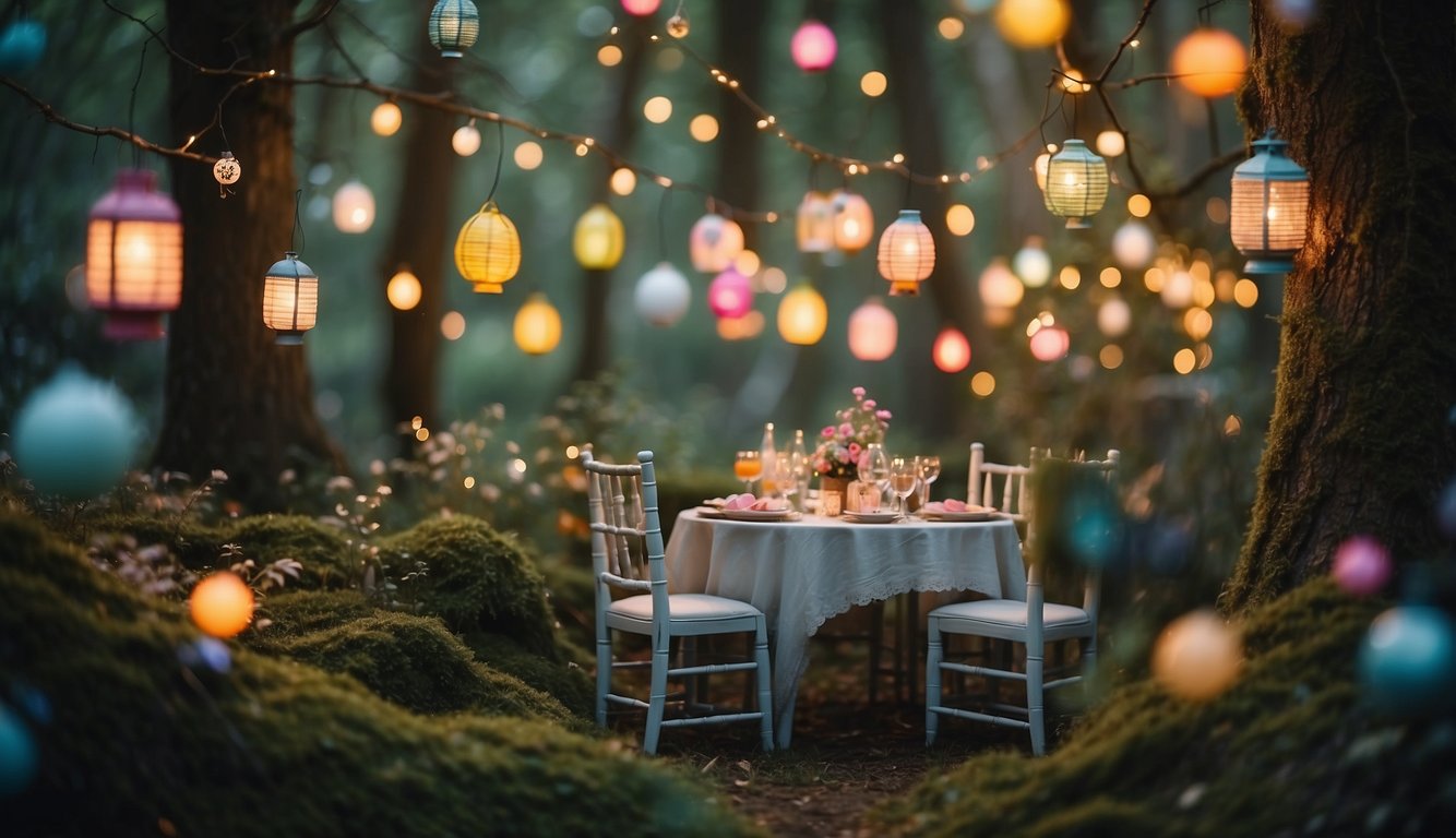 A whimsical forest clearing with colorful lanterns, fairy lights, and a magical tea party set up among the trees. Enchanting creatures like unicorns and fairies frolic in the background_Unique Bachelorette Party Themes