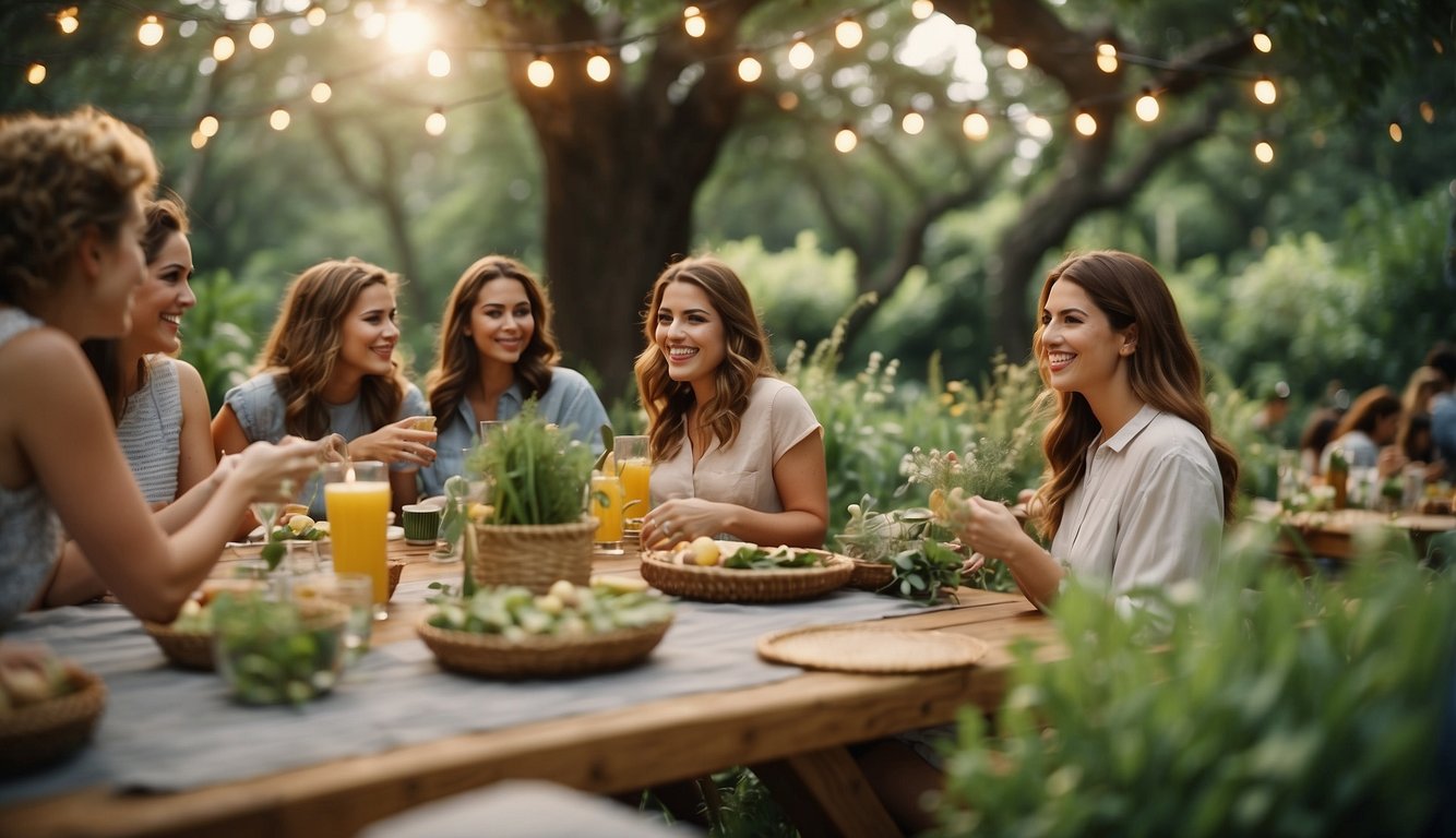 Lush greenery surrounds a picnic area with recycled decor. A group of women enjoys nature-inspired activities and eco-friendly party favors_Unique Bachelorette Party Themes