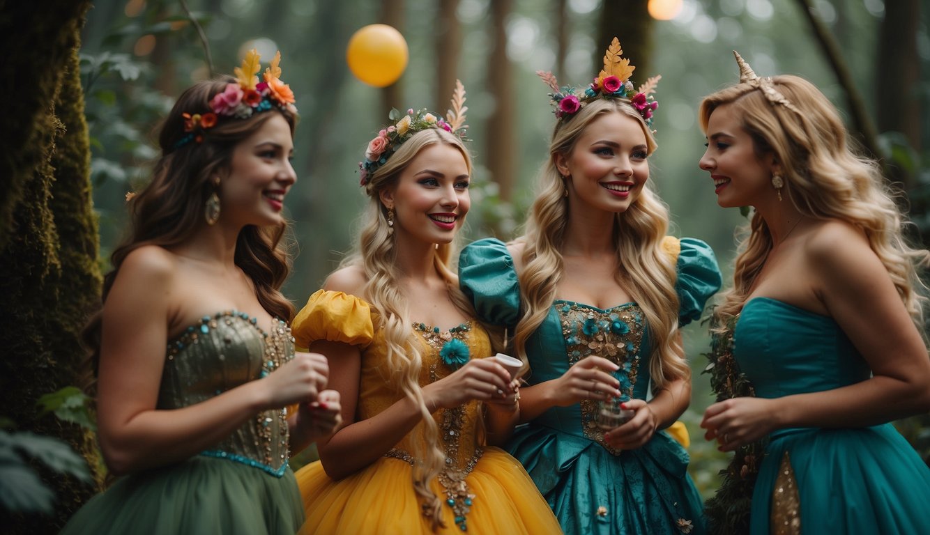 A group of women in vibrant costumes explore a whimsical fairytale forest, surrounded by colorful decorations and enchanting activities_Unique Bachelorette Party Themes