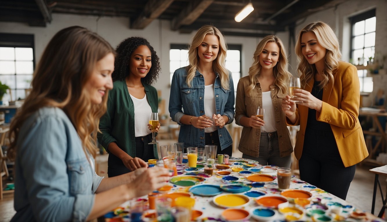 A group of women are gathered in a vibrant art studio, painting and sipping champagne. Colorful canvases and art supplies are scattered around the room_Unique Bachelorette Party Themes