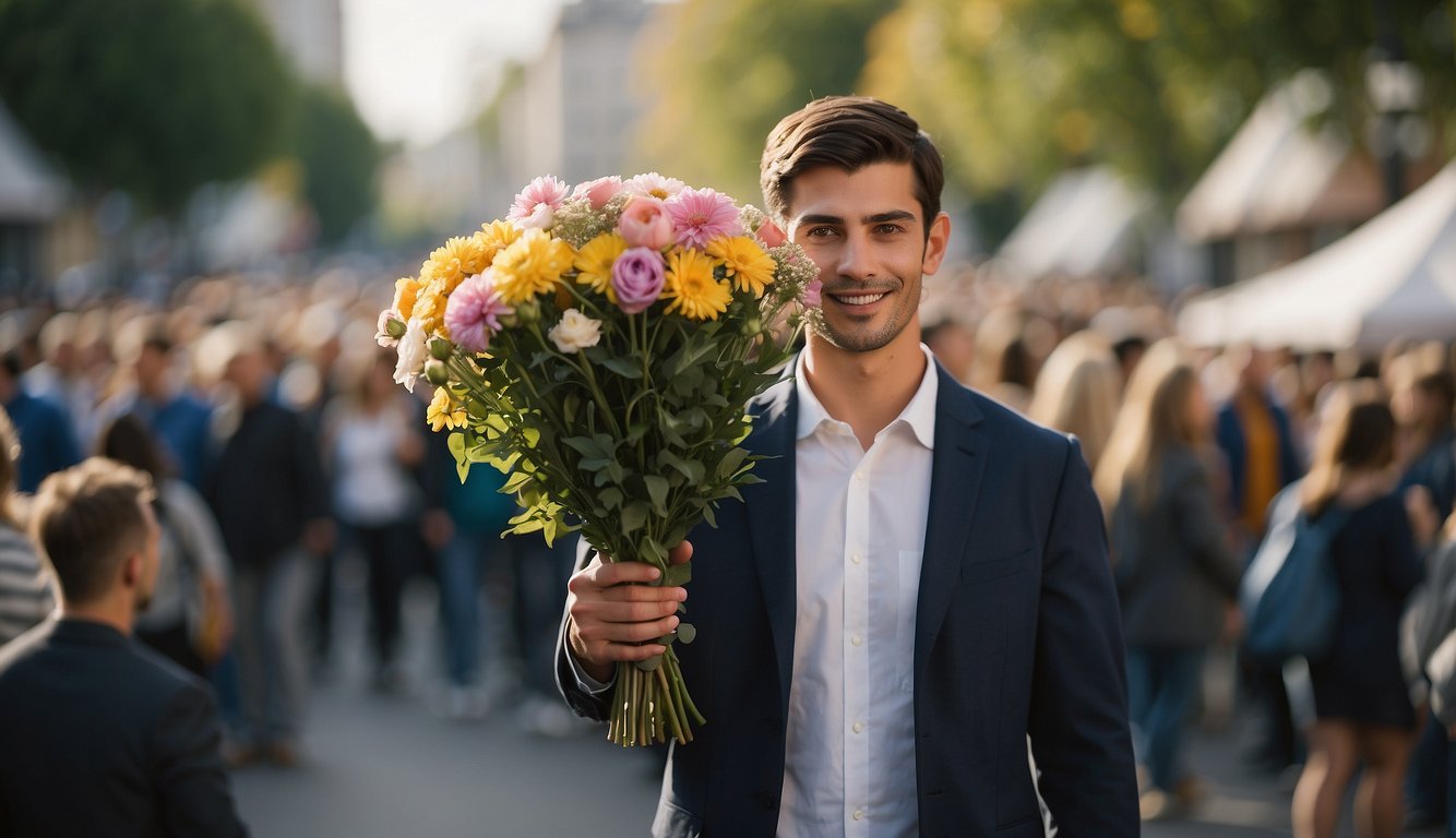 A person holding a bouquet of flowers and a sign that says "Prom?" while standing in front of a crowd of onlookers_Prom Asking Ideas