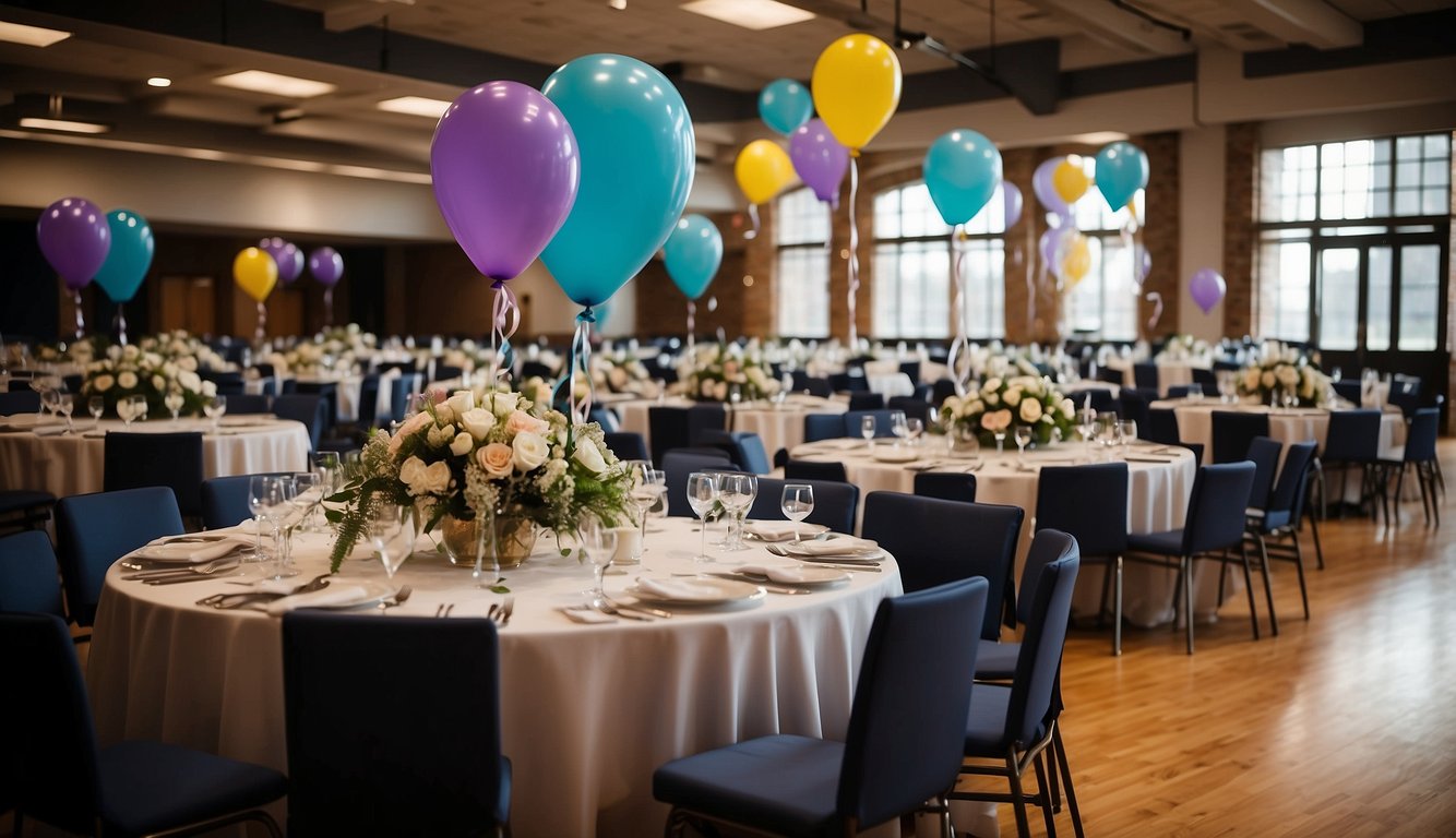 Students decorate gym with balloons, streamers for Prom. Tables set with fancy tablecloths, centerpieces. DJ sets up equipment on stage_When is Prom