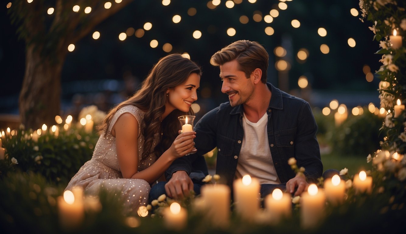 A couple sits under twinkling lights, surrounded by candles and flowers, as the person holding a sign asks the other to prom_Prom Asking Ideas