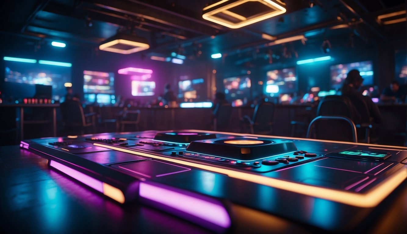 A futuristic dance floor with neon lights and holographic displays, surrounded by gaming consoles and VR headsets_Prom Asking Ideas