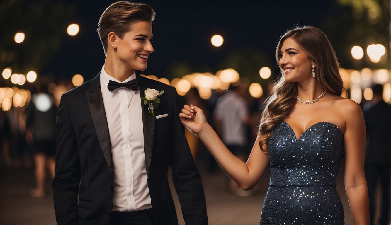 Prom couple stands in formal attire, smiling and holding hands. They exude elegance and confidence, adhering to social norms and expectations_Prom Date_Prom Date